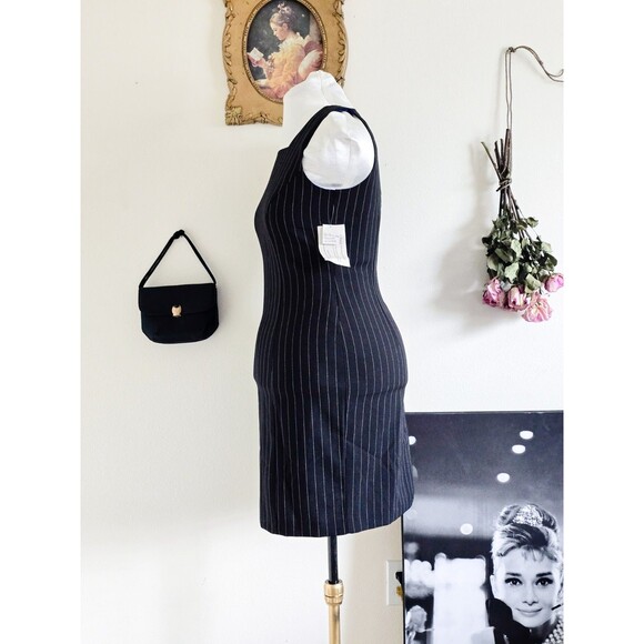 Vintage 80s Black Pinstripe Sleeveless Mini Bodycon Pencil Dress Sz M L - Picture 4 of 9